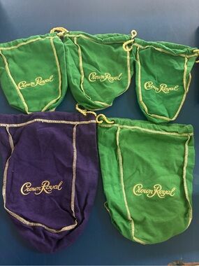 Set of 5 Green and Purple Crown Royal Drawstring Pouches